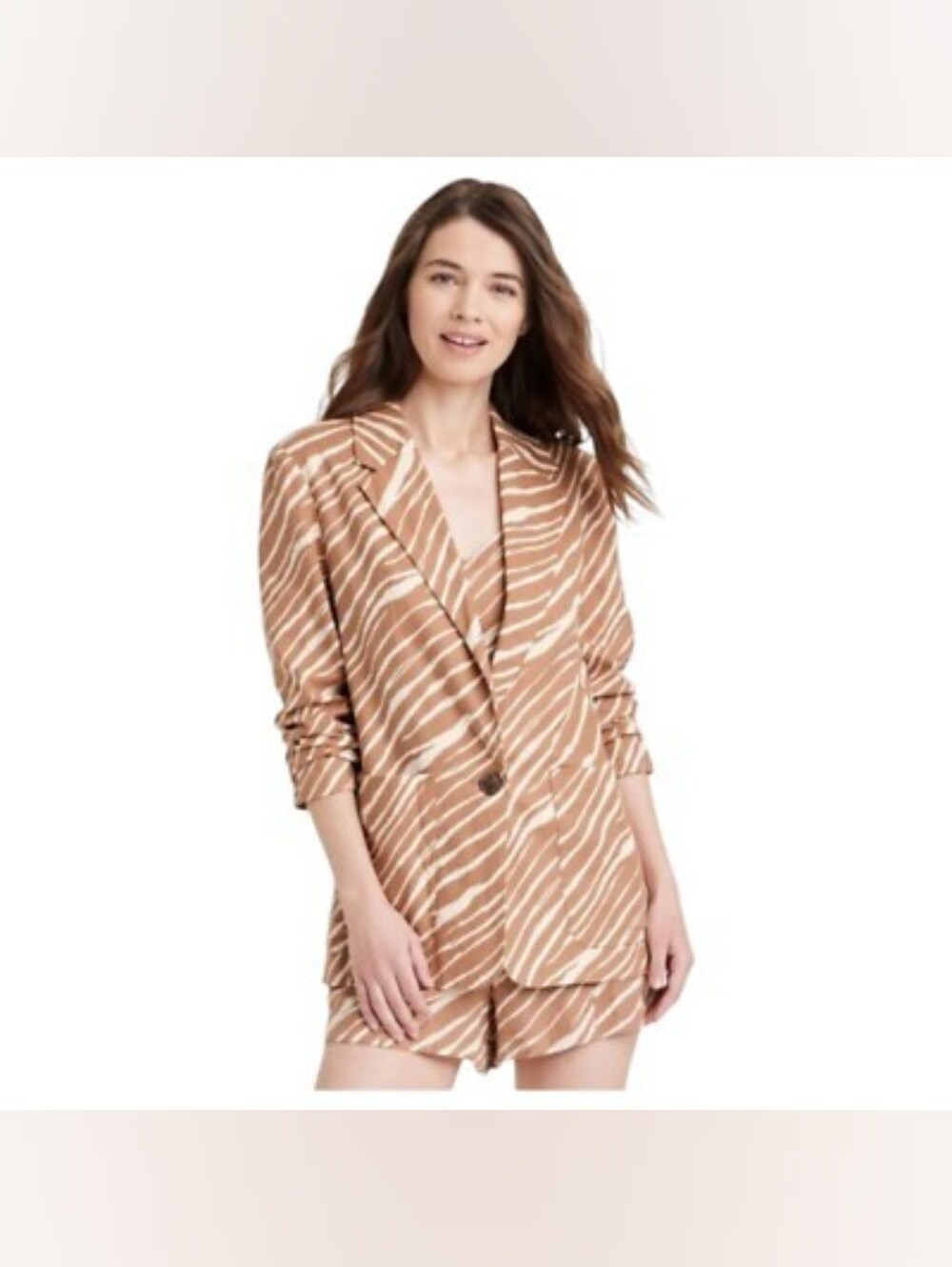 Nwt A New Day Brown Zebra Print Linen Blend Blazer and Shorts Set Size XL